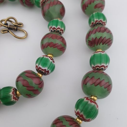 Antique Venetian Style Stripe & Chevron Glass Beads Necklace
