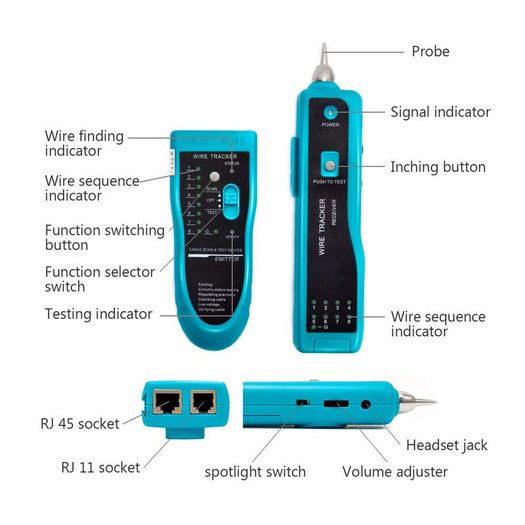 9 in 1 Network Cable Tester with Battery,Wire Tracker RJ45 RJ11 LAN Cable Toner Telephone Line Finder Cat5 Cat6 Ethernet Cable Tracer Kit Sensitivity-Adjust Continuity-Check for Cable Collation