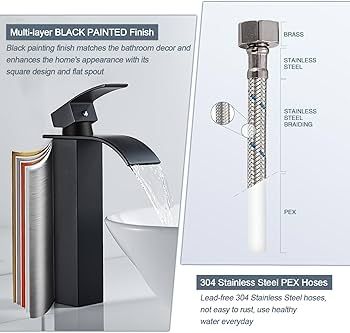 Waterfall High Rise Black Basin Mixer Taps, Square Monobloc Basin Tap, Single Handle Bathroom Sink Mixer Tap