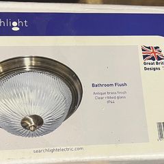 SEARCHLIGHT BATHrOOM FLUSH light antique brass clear ribbed glass