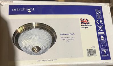 SEARCHLIGHT BATHrOOM FLUSH light antique brass clear ribbed glass