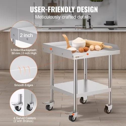 Stainless Steel Work Table 61x61 cm Commercial Food Prep Table W/ 4 Casters