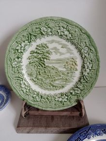 green transferware plate , farmhouse plate, green patterned plate