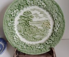 green transferware plate , farmhouse plate, green patterned plate