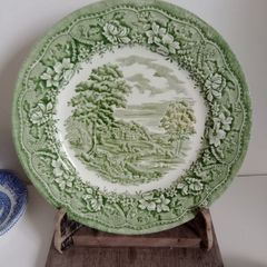 green transferware plate , farmhouse plate, green patterned plate