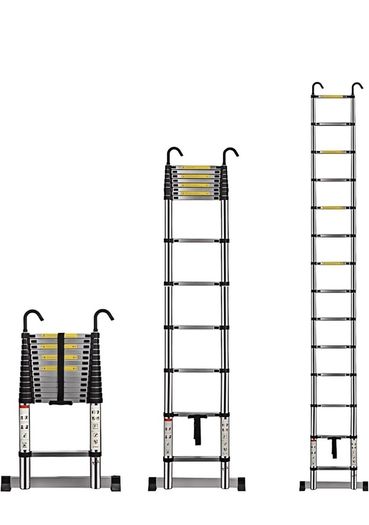 Telescopic Ladder 4.1M 13.5FT Aluminium Extension Loft Ladder with Stabilizer Bar and Detachable Hooks, Multi Purpose Extendable Portable Folding Ladders, EN131 (4.1M/13.5FT)