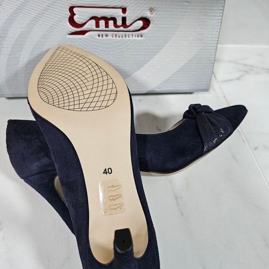 Emis new collection court blue bow detail medium heel leather shoes UK 6.6EU 40 new & boxed