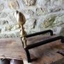 Antique Fire dogs and 4 piece fire set solid brass tops and steel Image 9