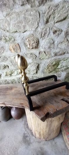 Antique Fire dogs and 4 piece fire set solid brass tops and steel