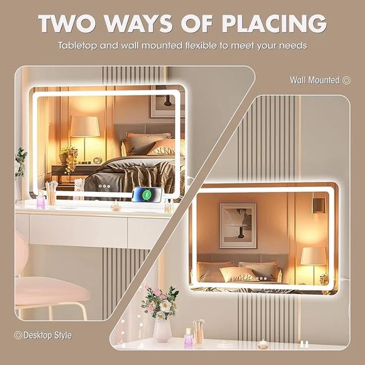 Vanity Mirror with Lights, 80 x 50cm LED Makeup Mirror, Lighted Make up Mirrors with with Touch Screen Control, 3 Dimmable Modes Round White