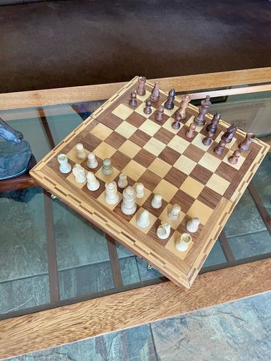 Vintage Marquetry Inlaid Folding Wooden Chess Board Chess Pieces Dice and Counters