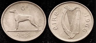 [#1251] - Ireland 1966 | 6 Pence | Wolfhound | KM.13a | UNC