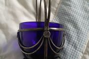 BOWL - Vintage Blue Glass - Metal Basket