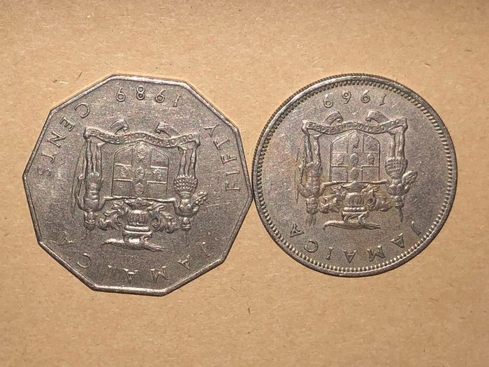 Jamaican 50 cents 1989 And 20 cents 1969