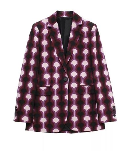 Amazing Zara Insta Famous Bloggers Limited Edition Pink Geo Print 3 Piece Suit, Blazer XL, Blouse XXL and Flare Trousers XL New with Tags