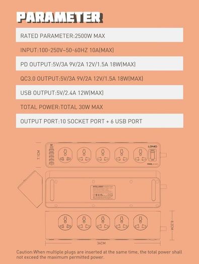 Power Station Strip Universal 10port + 5 USB & 1 Type C