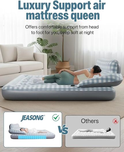 Blow Up Mattress King Size Inflatable Mattress with Headboard, 3 Mins Fast Inflation Air Bed, Air Mattress Double Blow Up Bed with Flocked Surface for Camping, Guest, Festivals, 203x152x23cm