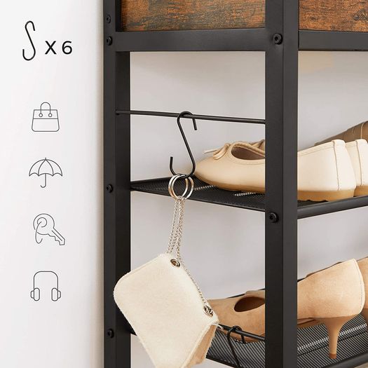 Shoe rack, 4 grid shelves, for 14 pairs of shoes, raised side edges, for sneakers, high heels, slippers, industrial style, vintage-brown-black