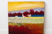 Abstract Landscape Canvas - Tuscan Farmhouses / Yellow Sky Textured Painting