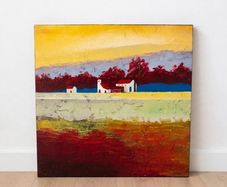 Abstract Landscape Canvas - Tuscan Farmhouses / Yellow Sky Textured Painting