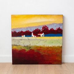 Abstract Landscape Canvas - Tuscan Farmhouses / Yellow Sky Textured Painting
