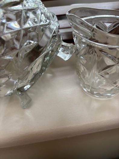 A bundle of vintage - retro pieces, Carnival Glass , Anchor Hocking Fire King, Large Ribbed Glass Butter Dish, Citrus Juicer, Three Footed Glass Sugar Bowl and Jug