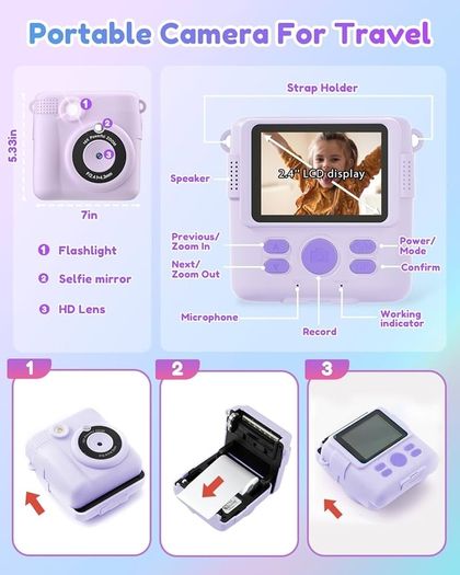 Camera For Girls Boys, Instant Camera For Kids With Print Photo Paper, 1080P Hd Digital Camera Toy, Birthday Gifts For 3 4 5 6 7 8 9 10 Years Old Girl, Video Recorder, 32Gb Sd Card