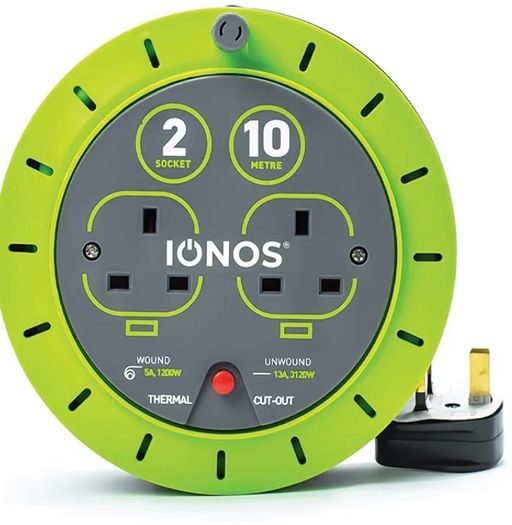 2 Socket Cable Reel, 10m, Green Extension Lead, 13A with Thermal Cut Out, Heavy Duty Outdoor Extension Lead