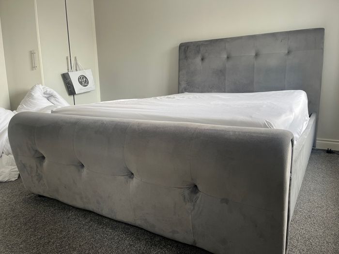 King size bed - grey suede material, high headboard