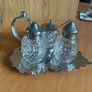 Vintage Silver Plate Rim Pressed Glass Bowl with silver-plated condiment set and matching spoons. Image 4