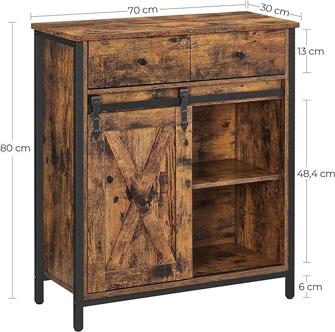 Cabinet with Sliding Door Storage Cabinet, Kitchen Cupboard with Sliding Door, Open Compartment, Adjustable Shelf, Industrial, for Hallway, Living Room, Kitchen, Study, Vintage Brown-Black,