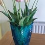 Beautiful Art Deco Pressed Glass Large Conical Shaped Vase in Blue Glass with a Zig Zag Rim and Star Cuts and Fans, Impressed Foreign Circa 1930+ Image 2
