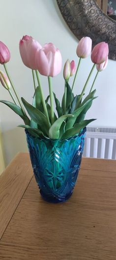 Beautiful Art Deco Pressed Glass Large Conical Shaped Vase in Blue Glass with a Zig Zag Rim and Star Cuts and Fans, Impressed Foreign Circa 1930+
