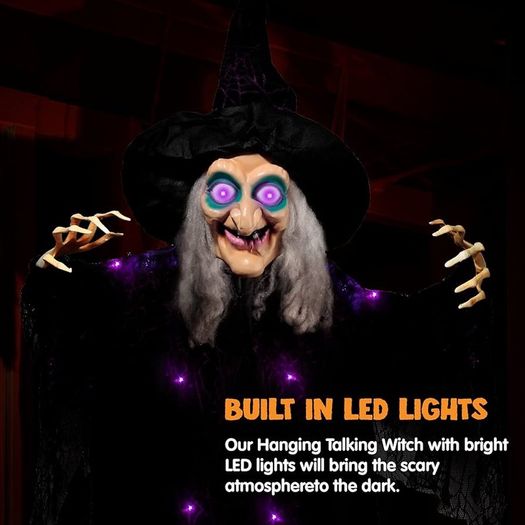 72 Inch Hanging Animated Talking Witch Decoration with Light-up Eyes and sound activation function for Halloween Haunted House Prop