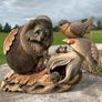 Adorable signed rustic tableau of hedgehog & sparrow having a chat, with hidey holes for tiny field mice. Hand carved, a special Christmas gift Image 3