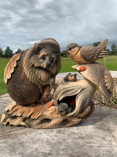 Adorable signed rustic tableau of hedgehog & sparrow having a chat, with hidey holes for tiny field mice. Hand carved, a special Christmas gift