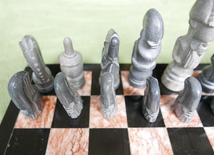 Vintage Marble Chess Board, 14 inch and Handcrafted African Soapstone Chess Set (king 6")
