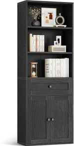 5-Tier Bookcase with Doors and Cabinet, Bookshelf Floor Standing Display Storage Shelf, Tall Bookcase with drawers for Home, Office, Living Room, Bedroom, Black, 48 x 24 x 164.2