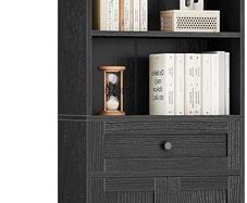 5-Tier Bookcase with Doors and Cabinet, Bookshelf Floor Standing Display Storage Shelf, Tall Bookcase with drawers for Home, Office, Living Room, Bedroom, Black, 48 x 24 x 164.2