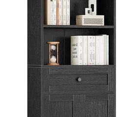 5-Tier Bookcase with Doors and Cabinet, Bookshelf Floor Standing Display Storage Shelf, Tall Bookcase with drawers for Home, Office, Living Room, Bedroom, Black, 48 x 24 x 164.2