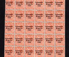 1922 Ireland 2d Orange (Dies II) 3-line Overprint issue printed by thom in Shiny Blue-Black Mint Never Hinged (MNH) Block of 30. Note there are two tears on perforation