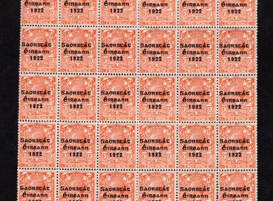 1922 Ireland 2d Orange (Dies II) 3-line Overprint issue printed by thom in Shiny Blue-Black Mint Never Hinged (MNH) Block of 30. Note there are two tears on perforation