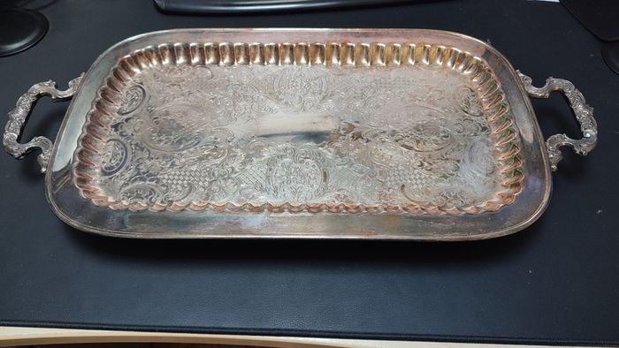 Vintage Silver Plated Butlers Serving Tray Platter Claw Footed 24 inch x 12 inch Leonard English