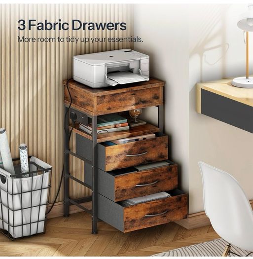 Bedside Table with Charging Station, Side Table with 4 Drawers, 2 AC Outlets, 1 USB-A, 1 Type-C, Nightstand for Bedroom, Living Room, Rustic Brown and Black