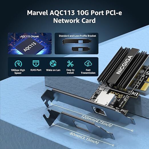 10Gb Base-T PCI-e Network Card, Marvell AQC113 Controller, NICGIGA 10Gb Ethernet Adapter Support WOL, 10Gbe RJ45 Port NIC Card, Windows10/11/Windows Server/Linux