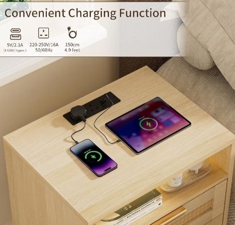 Set of 2 Bedside Table,Nightstand with Charging Station and LED Lights, Bedside Cabinets with 2 Rattan Drawers and Open Shelf,2pcs Side Tables for Modern Home,Natural Wood