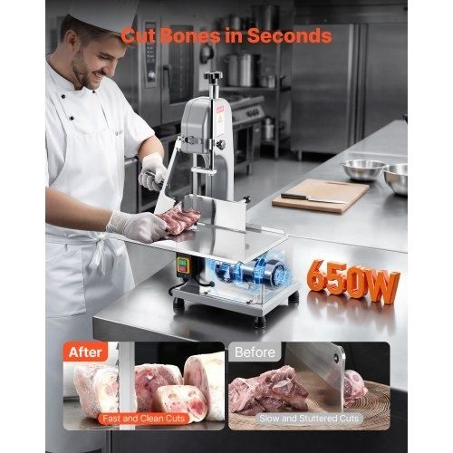 Commercial Electric Meat Bandsaw, 650W Stainless Steel Countertop Meat Sawing Machine, Workbench 315 x 460 mm, 110 mm Max Cutting Thickness, Frozen Fish Cutter for Rib Pork Beef