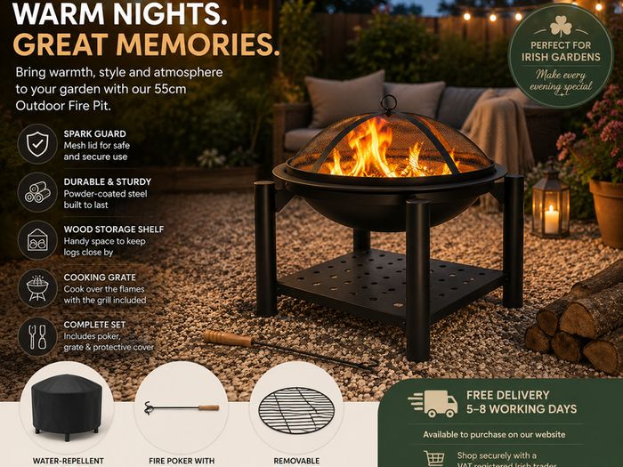 Fire Bowl with Spark Protection Cover Poker BBQ Round Diameter 55 cm Wood Shelf Steel Black Fire Pit Fire Basket Garden Patio Fireplace Grill