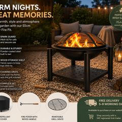 Fire Bowl with Spark Protection Cover Poker BBQ Round Diameter 55 cm Wood Shelf Steel Black Fire Pit Fire Basket Garden Patio Fireplace Grill