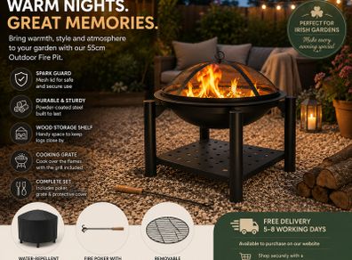 Fire Bowl with Spark Protection Cover Poker BBQ Round Diameter 55 cm Wood Shelf Steel Black Fire Pit Fire Basket Garden Patio Fireplace Grill
